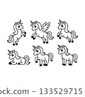 Variety of playful unicorn illustrations featuring different poses and styles perfect for children s art projects and decorations 133529715