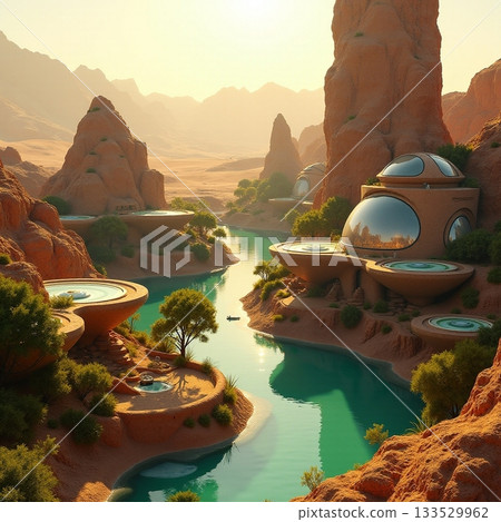 Futuristic homes along a serene river in desert landscape Generative AI Futuristic homes along a serene river in desert landscape Generative AI 133529962