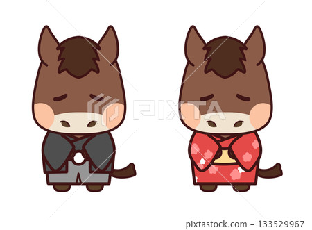 一匹身穿黑紅相間和服的栗色馬鞠躬 133529967