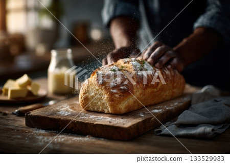 a bakers flour-dusted hands placing a loaf 133529983