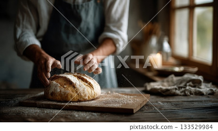 a bakers flour-dusted hands placing a loaf a bakers flour-dusted hands placing a loaf 133529984