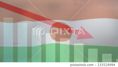 Displaying red arrow sloping down on screen, with vertical bars, red line graph labels, red circle 133529994