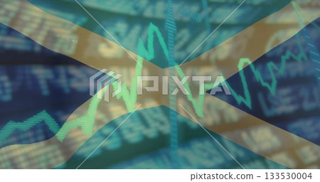 Displaying Scottish saltire flag with finance line chart on market screen, with blurred tickers 133530004