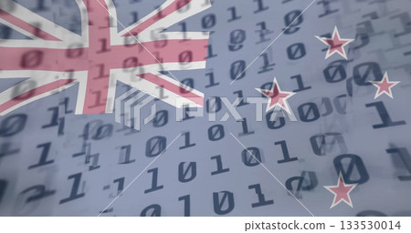 Displaying graphic overlaying binary code grid in data matrix, featuring Union Jack and red stars 133530014