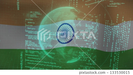 Displaying wireframe globe on Indian flag backdrop, overlaying Ashoka Chakra and programming code 133530015