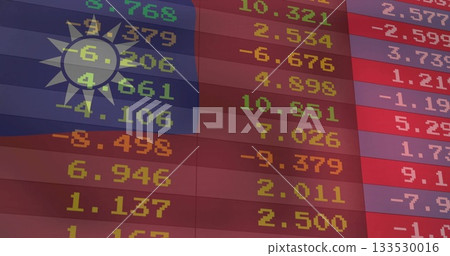 Displaying financial figures overlaying Taiwan flag on trading screen, with colored number columns 133530016