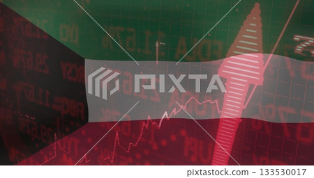 Displaying interface overlaying tricolor flag grid with red tickers, line chart and upward arrow Displaying interface overlaying tricolor flag grid with red tickers, line chart and upward arrow 133530017