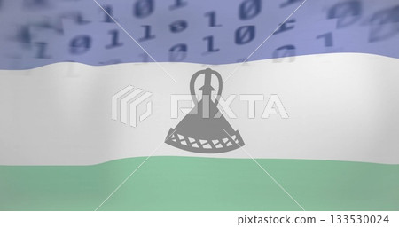 Displaying waving Lesotho flag illustration, featuring binary overlay and mokorotlo silhouette 133530024