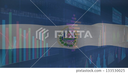 Showing El Salvador flag overlay moving in blue grid, with coat-of-arms financial charts and panels Showing El Salvador flag overlay moving in blue grid, with coat-of-arms financial charts and panels 133530025