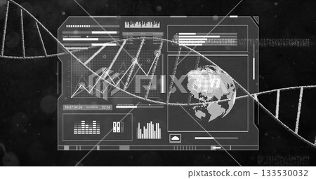 Displaying futuristic digital HUD panels updating live data in virtual lab, with DNA helix graphic 133530032