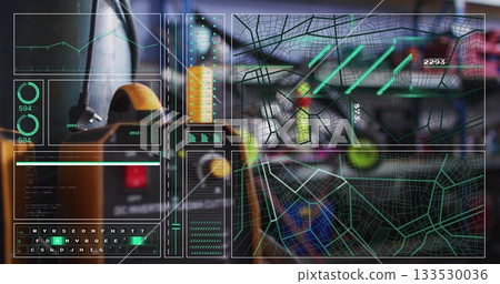 Displaying orange power tool resting at outlet on bench, with cord, digital overlays, copy space 133530036