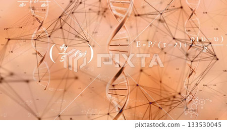 Displaying central DNA helix intertwining on peach gradient with digital nodes, links and formulas 133530045