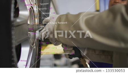 Operating mechanic's gloved hands gripping impact wrench on lug nuts at auto garage, code overlay 133530053