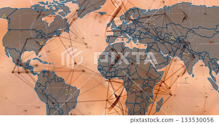 Displaying world map overlay connecting nodes at interface, with DNA helix and numeric grid lines 133530056