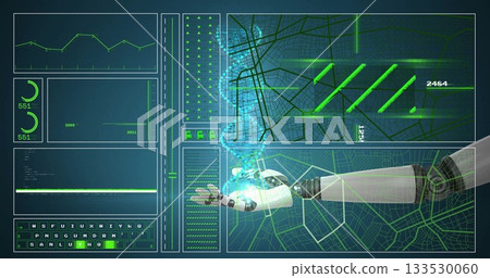 Tracking robotic arm extending in virtual control room, displaying hex grid and code, copy space Tracking robotic arm extending in virtual control room, displaying hex grid and code, copy space 133530060