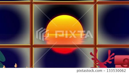 Sun reflecting on calm water through six-pane window, with plant, candles, coral ornament, gift box Sun reflecting on calm water through six-pane window, with plant, candles, coral ornament, gift box 133530062