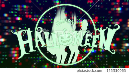 Glowing neon Halloween logo on glitch pixels with ring, cat silhouette and pumpkin face 133530063