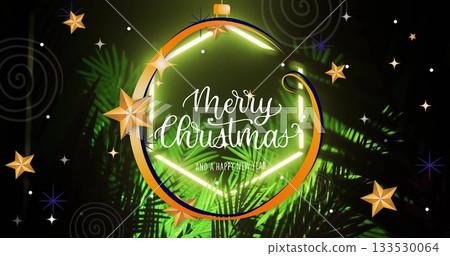 Ornament featuring neon green frame and cursive greeting in greeting card design, with golden stars 133530064