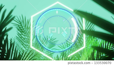 Animating hexagon and circular HUD rotating in virtual environment, with palm and fern silhouettes 133530070