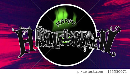 Presenting Halloween design with jack-o-lantern in circle on magenta-purple stripes, green flame 133530071