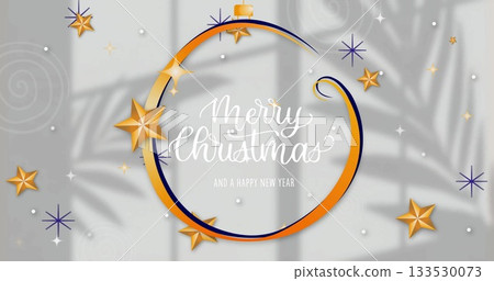 Featuring ornament frame on pale gray backdrop, adding golden stars, sparkles and lettered greeting Featuring ornament frame on pale gray backdrop, adding golden stars, sparkles and lettered greeting 133530073