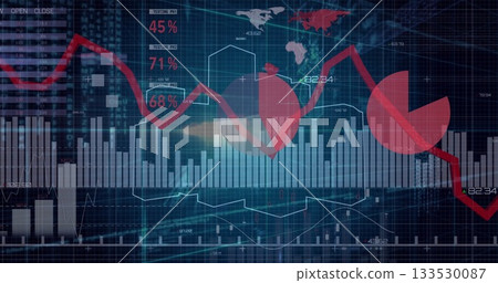 Displaying financial dashboard showing global map on dark interface, with red downward line graph Displaying financial dashboard showing global map on dark interface, with red downward line graph 133530087