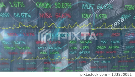 Displaying financial data overlaying skyline, with stock tickers, percentages, yellow trend line Displaying financial data overlaying skyline, with stock tickers, percentages, yellow trend line 133530091