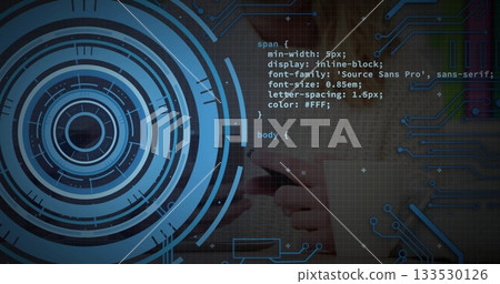 Holding smartphone with hands wearing long sleeves at desk showing CSS code over digital interface Holding smartphone with hands wearing long sleeves at desk showing CSS code over digital interface 133530126