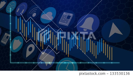 Displaying diagonal bar chart running across virtual dashboard, with trend line and service icons 133530136