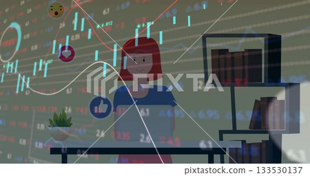 Monitoring woman in shirt studying social icons and stock charts at desk in office, with laptop 133530137