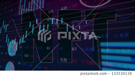 Showing NFT letters revealing data on trading screen with candlesticks graphs gauge and bar chart Showing NFT letters revealing data on trading screen with candlesticks graphs gauge and bar chart 133530138