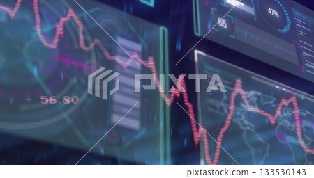 Red fluctuating line graph streaming across control room panels, with circular gauge Red fluctuating line graph streaming across control room panels, with circular gauge 133530143