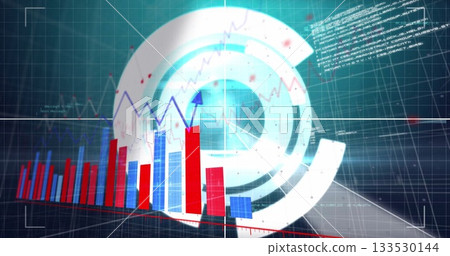 Showing data visualization running on grid panel, with red blue bar charts, arrow plot, HUD circles Showing data visualization running on grid panel, with red blue bar charts, arrow plot, HUD circles 133530144
