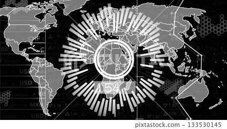 Central radial bar chart projecting African finance data over world map on screen, with arrow lines Central radial bar chart projecting African finance data over world map on screen, with arrow lines 133530145