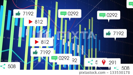 Analytics dashboard showing multicolored bars and red line graph in grid screen, with metrics icons 133530178