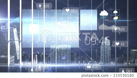 Projecting interface with calendar and icons, clock and temp in control room over city skyline Projecting interface with calendar and icons, clock and temp in control room over city skyline 133530180