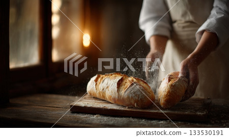 a bakers flour-dusted hands placing a loaf a bakers flour-dusted hands placing a loaf 133530191