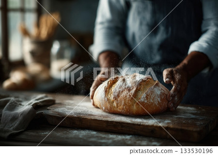 a bakers flour-dusted hands placing a loaf a bakers flour-dusted hands placing a loaf 133530196