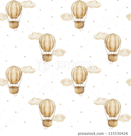 Vintage watercolor pattern hot air balloon in beige clouds, stars. Hand-drawn illustration isolated from background. Seamless print in children design for textiles packaging clothing nursery wallpaper Vintage watercolor pattern hot air balloon in beige clouds, stars. Hand-drawn illustration isolated from background. Seamless print in children design for textiles packaging clothing nursery wallpaper 133530426
