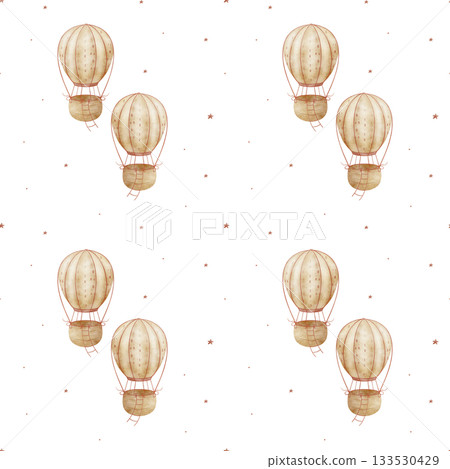 Pattern of flying beige balloon, red stars. Hand-drawn watercolor illustration in vintage children style. Seamless print isolated from background for textiles fabrics baby clothes wallpaper packaging 133530429