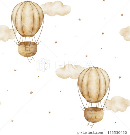 Vintage watercolor pattern hot air balloon in beige clouds, stars. Hand-drawn illustration isolated from background. Seamless print in children design for textiles packaging clothing nursery wallpaper 133530430