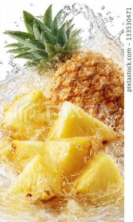 Pineapple and chunks splashing in fresh water 133530471
