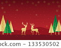 A festive Christmas scene of two golden reindeer standing in the center against a deep red gradient background, with stylized golden and green pine trees and golden snowflakes fall gently. 133530502