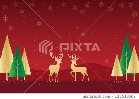 A festive Christmas scene of two golden reindeer standing in the center against a deep red gradient background, with stylized golden and green pine trees and golden snowflakes fall gently. A festive Christmas scene of two golden reindeer standing in the center against a deep red gradient background, with stylized golden and green pine trees and golden snowflakes fall gently. 133530502