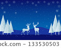 A festive Christmas scene of two reindeer silhouette standing in the center against a deep blue gradient background, with stylized white and bluish pine trees and snowflakes fall gently. 133530503