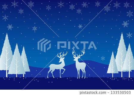 A festive Christmas scene of two reindeer silhouette standing in the center against a deep blue gradient background, with stylized white and bluish pine trees and snowflakes fall gently. A festive Christmas scene of two reindeer silhouette standing in the center against a deep blue gradient background, with stylized white and bluish pine trees and snowflakes fall gently. 133530503