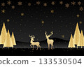 A festive Christmas scene of two reindeer silhouette standing in the center against a black gradient background, with stylized golden pine trees and snowflakes fall gently. 133530504