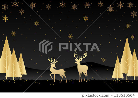 A festive Christmas scene of two reindeer silhouette standing in the center against a black gradient background, with stylized golden pine trees and snowflakes fall gently. 133530504