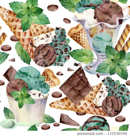 Mint chocolate chip gelato in cone, plastic cup, glass dish. Waffle rolls, syrup drizzle topping. Isolated seamless pattern illustration hand drawn in watercolor. Dessert packaging, blog background. Mint chocolate chip gelato in cone, plastic cup, glass dish. Waffle rolls, syrup drizzle topping. Isolated seamless pattern illustration hand drawn in watercolor. Dessert packaging, blog background. 133530549