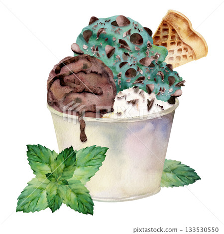 Gelato ice cream scoops in plastic cup with speckled chocolate chips, waffle slice and mint leaves. Isolated illustration hand drawn in watercolor. Dessert art, cafe set sheet, summer fair decor. 133530550